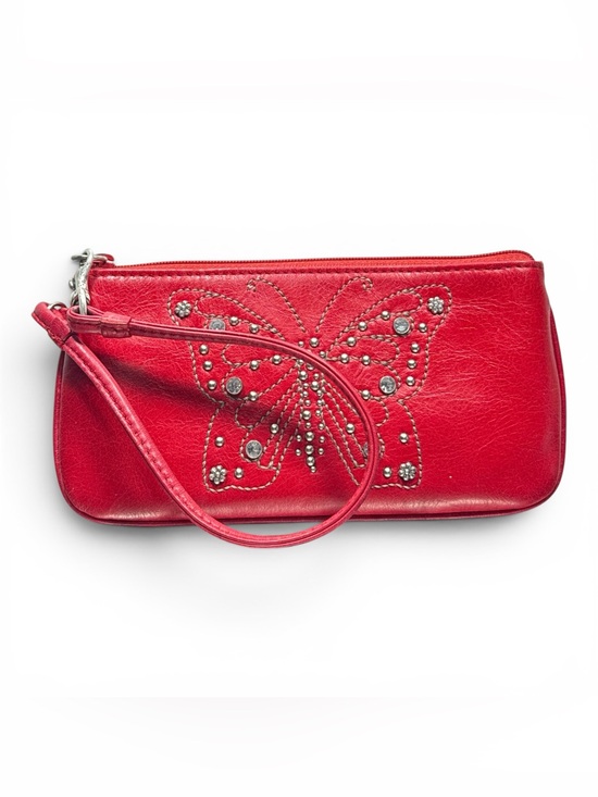 Brighton Handbags - Brighton Red Leather Butterfly Wristlet Clutch Pouch Rhinestone Studded Floral